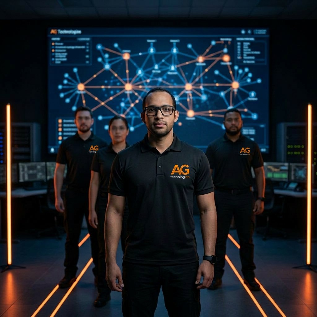 Equipo técnico de ag-tecnologies en sala de operaciones de red con panel de monitorización de infraestructura