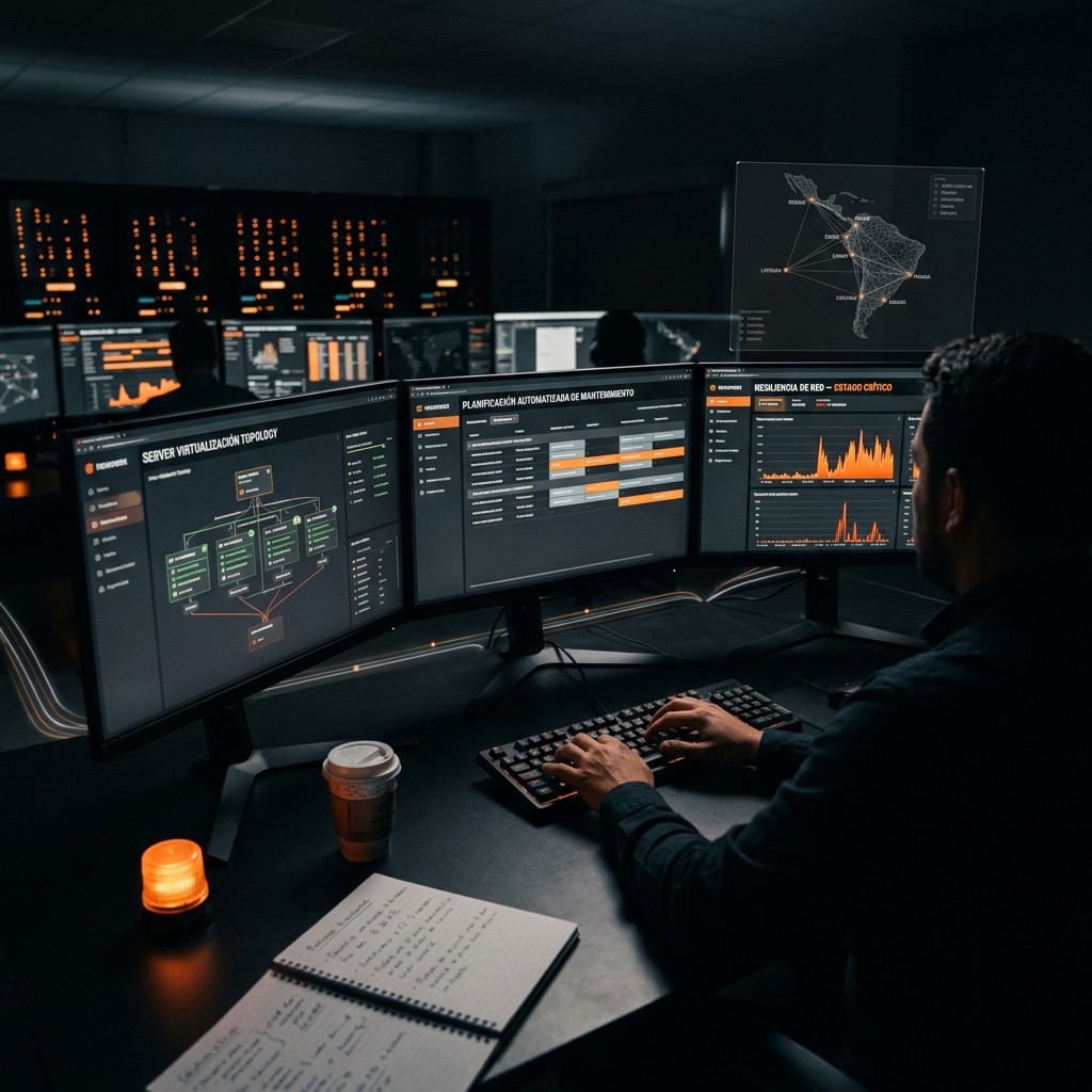 Administrador gestionando topología de virtualización, planificación de mantenimiento y resiliencia de red en múltiples monitores