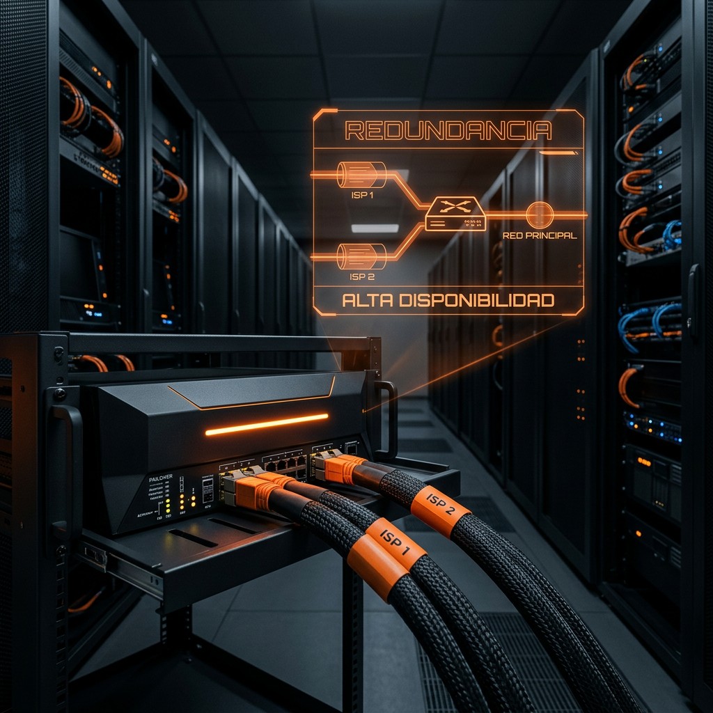 Sala de servidores con cables ISP 1 e ISP 2 y diagrama de redundancia de alta disponibilidad