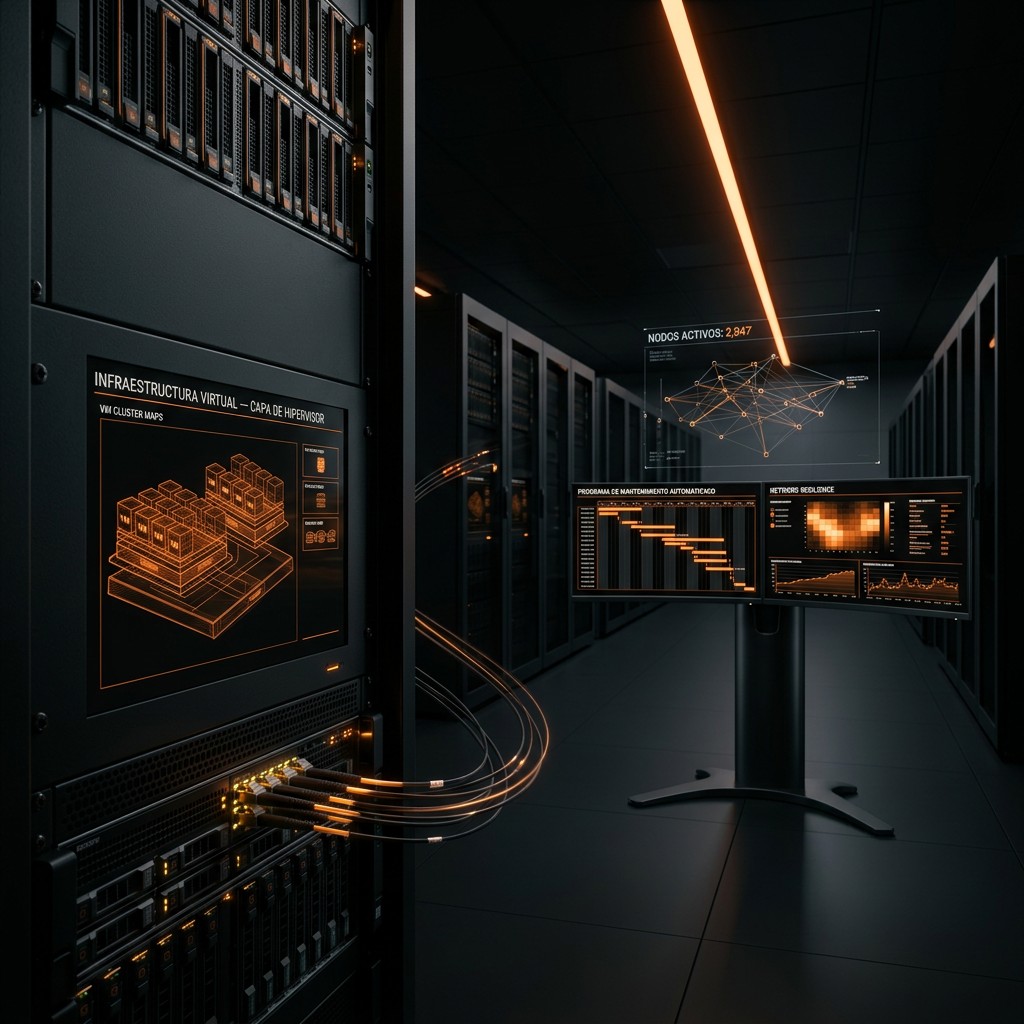 Datacenter con infraestructura virtual, capa de hipervisor y monitorización de nodos activos y disponibilidad en tiempo real