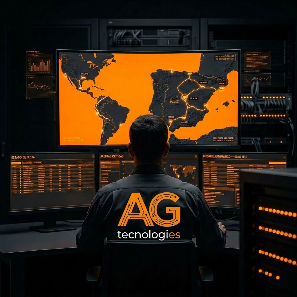 Operador monitorizando flota y activos críticos en tiempo real con mapas GPS y alertas automáticas